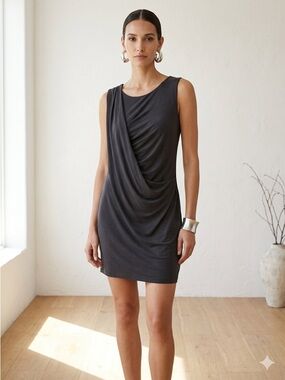 Vince Charcoal Grey Modal Wool Jersey Draped Ruched Sleeveless Dress - XS